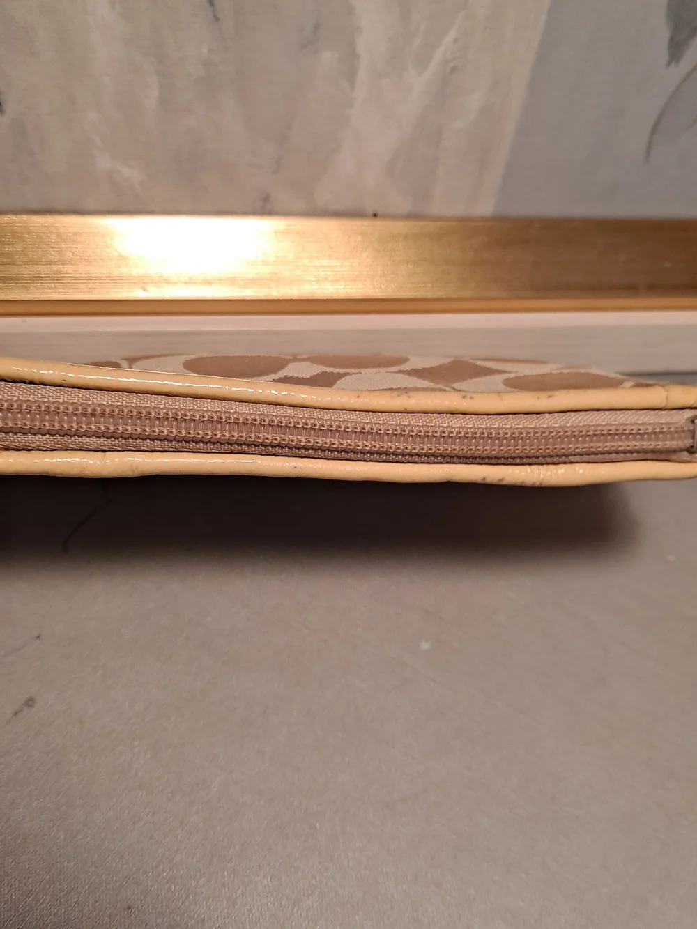 Coach Poppy Signature Khaki Gold Y2k Monogram Jacquard Zip Top Wristlet Pouch